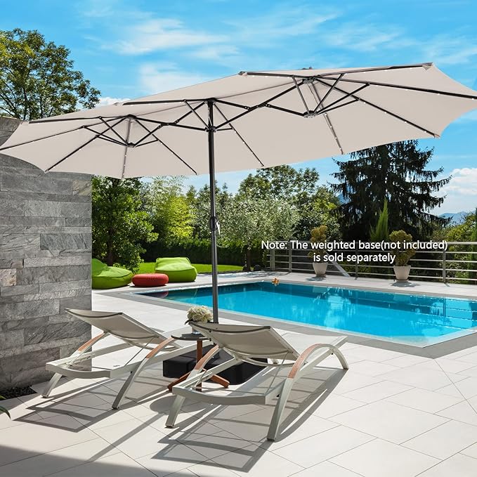 Tangkula 15 Ft Solar Patio Umbrella, Double-Sided Extra Large Outdoor Market Table Umbrella with 48 LED Lights, Crank Handle, 12 Sturdy Ribs for Poolside, Garden & Backyard (Beige)