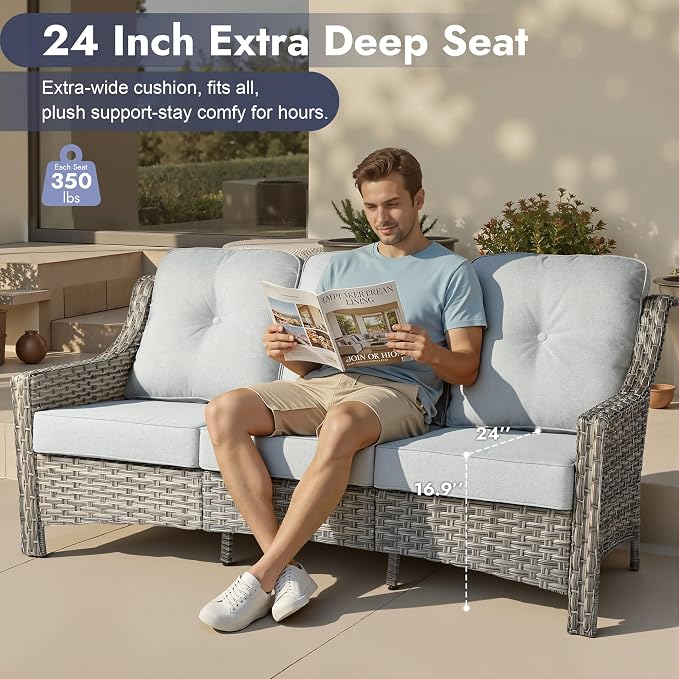 6 PCS Patio Furniture Set, Deep Seat High Back Outdoor Conversation Set with Ottomans, Wicker Outside Furniture with Solar Light Coffee Table for Porch Backyard Balcony, Sunroom, Light Grey