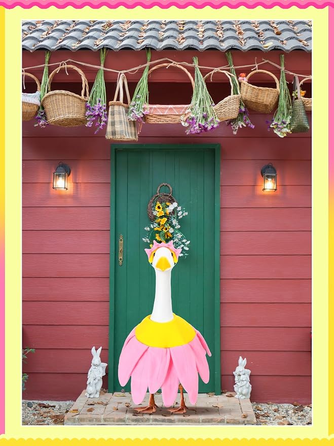 Outus Pink Daisy Spring Goose Outfit Set Includes Petals Headband and Shirt Washable Pink Daisy Cute 23'' Goose Porch Clothing for Spring Outdoor Garden Yard Patio Lawn Statue