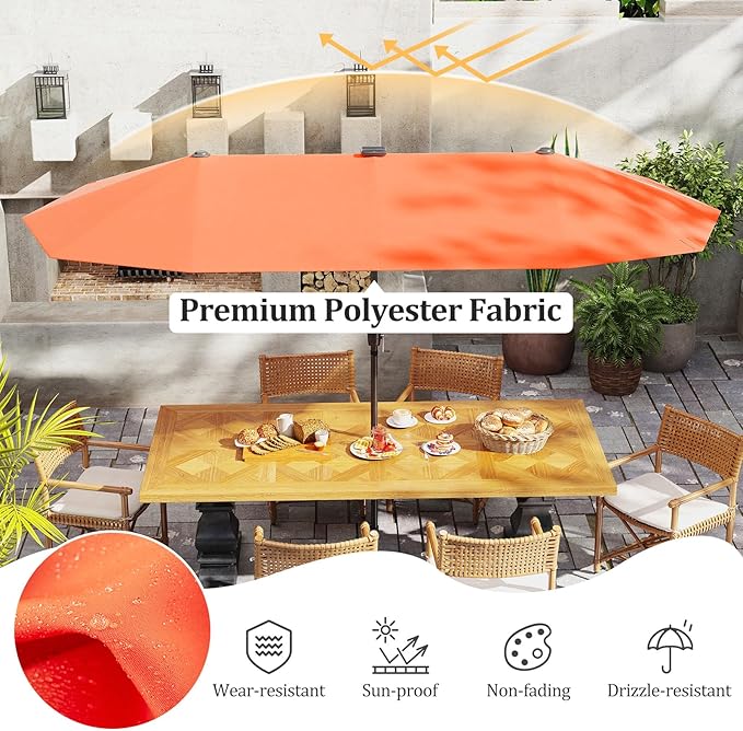 HAPPYGRILL 13 FT Double-sided Patio Umbrella with Solar Lights, Crank Handle & 12 Heavy-Duty Ribs, Outdoor Twin Size Oversized Rectangle Market Umbrella for Garden Deck Poolside