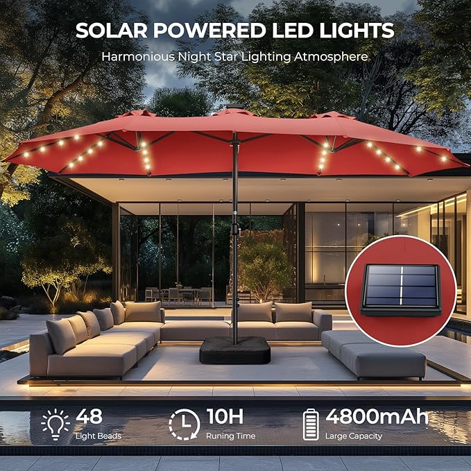 HOMSHADE Double Sided Patio Umbrellas - 15ft Solar Lights LED Lighted Outdoor Extra Large Market Table Umbrella with Base Included, Oversized Umbrella for Deck, Pool, Backyard
