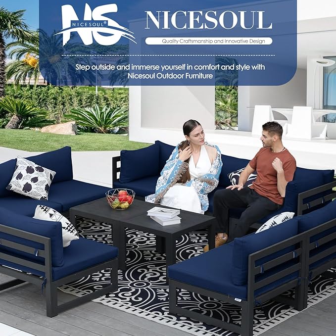 NICESOUL 8 Piece Large Luxury Aluminum Patio Conversation Set, 29" Deep Wide Comfortable Sitting, U Shaped Modular Sectional Couch, 500 lbs Heavy Duty All Weather Outdoor Sofa for Backyard, Navy Blue