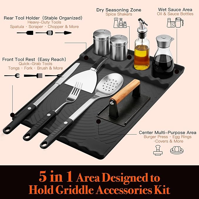 Silicone Grill Mat for Blackstone - BBQ Griddle Tools Side Mat with Drip Pad, Griddle Tools Mat for Outdoor Kitchen Countertop, BBQ Grill Accessories Gifts for Men (Black)