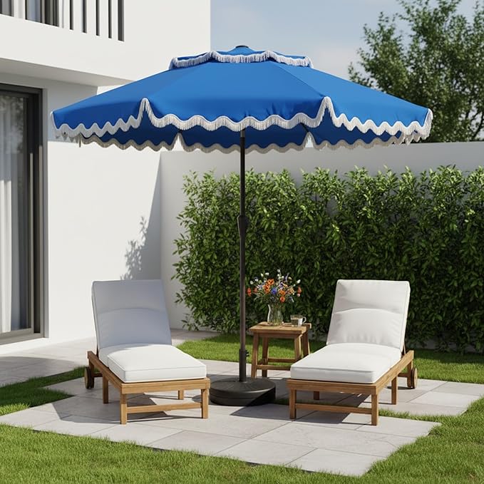 9FT Patio Umbrella with Fringe,Tassel Umbrella with Push-Button Tilt | UPF 50+ & Rust-Resistant Fiberglass Frame for Patio, Pool,Garden,Yard(Royal Blue)