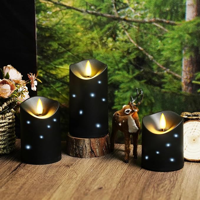 kakoya Outdoor Waterproof Flickering Flameless Candles with Embedded Star String,3Pcs LED Pillar Candles Battery Operated with Remote and Timers for Courtyard,Porch,Camping,Holiday Decoration(Black)