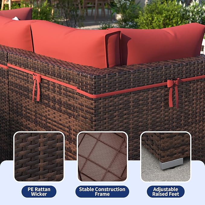 Patio Furniture Set, 12-Piece Outdoor Sectional with Waterproof Cover, All-Weather Wicker Patio Conversation Sets for Backyard (Brown with Red Cushion)