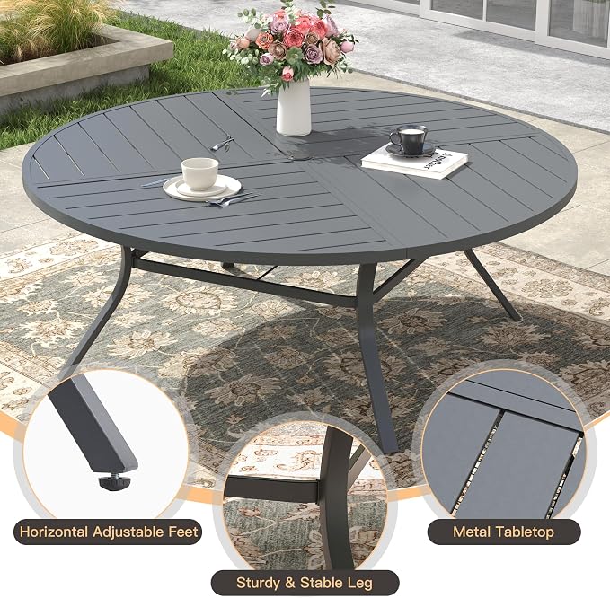 Outdoor Dining Set for 8, 60.1" Outdoor Dining Table with Umbrella Hole and Padded Textilene Patio Swivel Chairs, 9 Pieces Patio Table and Chairs Set for Garden Backyard, Grey and Dark Grey