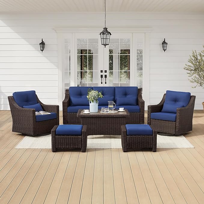 CHITA 6 Pieces Wicker Patio Furniture Set, Outdoor Conversation Set with 2 Pieces Rattan Rocking Swivel Chairs, 2 Pieces Ottomans and 3-Seater Sofa