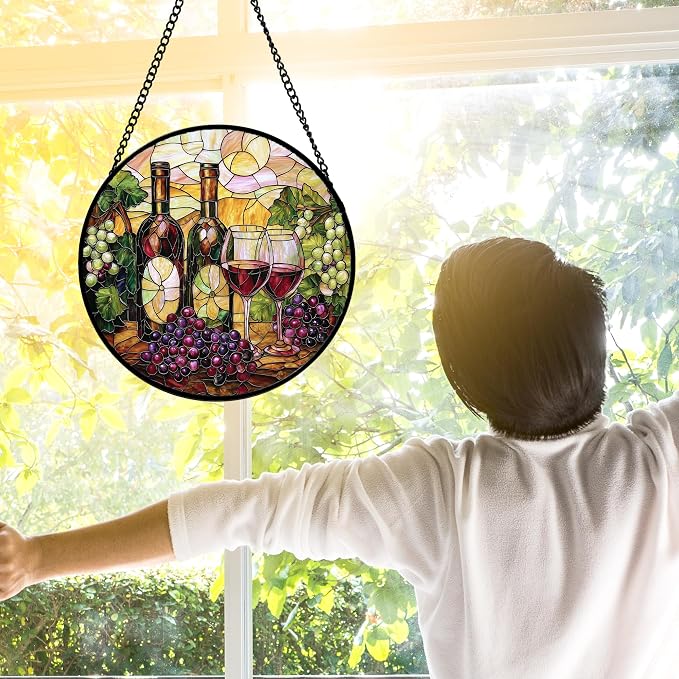 DASTOLL Stained Glass Window Hanging, Grapes and Wine Suncatcher Diamond Glass Panel Hangings Sun Catchers Decor for Birthday for Women, Men, Wife, Aunt, and Mom 11.8x11.8 in