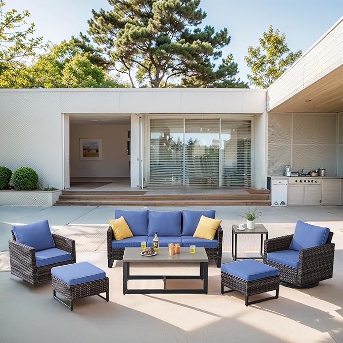 Belord 7 Piece Outdoor Furniture Patio Wicker Sofa Set, Oversize Outdoor Swivel Rocker Chairs with Rattan Ottomans, Conversation Sets Patio Furniture Come with Removable Washable Cushion Blue, Brown