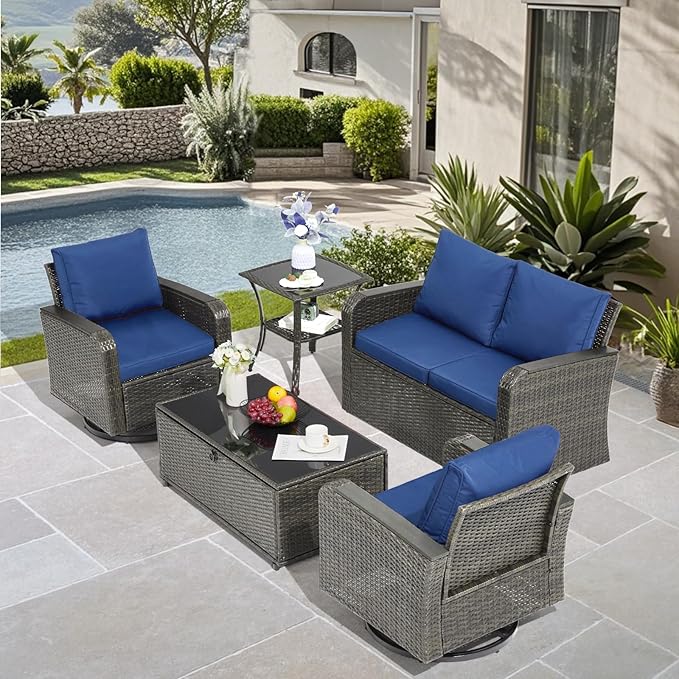 5 Pieces Outdoor Furniture Set with Swivel Chairs, Wicker Patio Furniture Sets for Porch Deck Bistro Lawn Garden Backyard Poolside-Blue