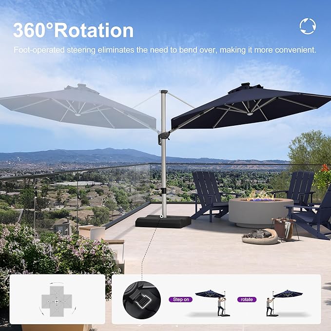 PURPLE LEAF Cantilever Umbrella with base 11ft Outdoor Round Patio Solar Powered LED Umbrella with 360-degree Rotation for Garden Deck Pool Patio, Navy Blue