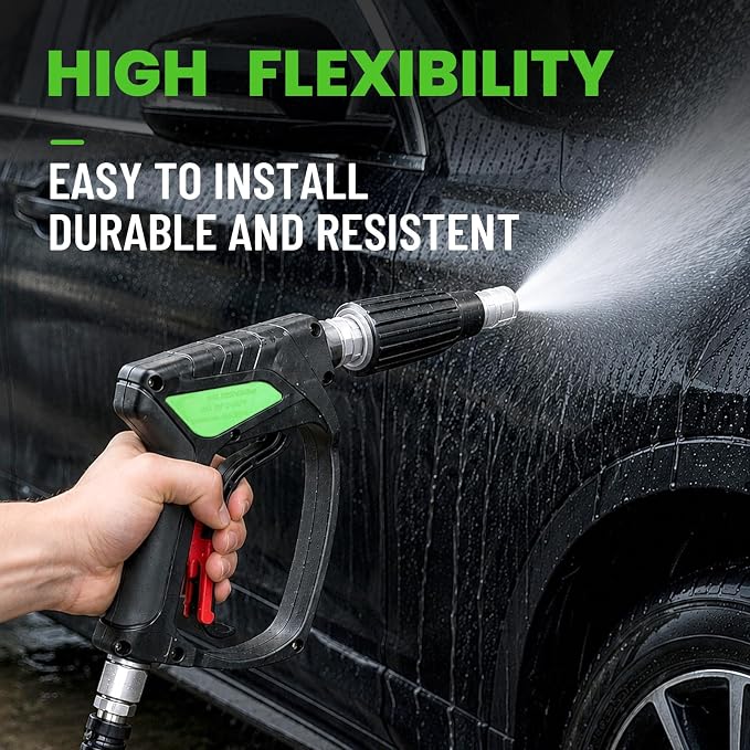 Pressure Washer Gun – 5000 PSI Stubby Power Washer Handle with Smooth 360°3/8" Swivel, 1/4" Quick Connector with M22-14mm/M22-15mm Adapters,Lightweight and Small,Easy to Use on Washing Car