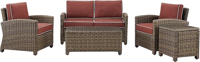 Crosley Furniture Bradenton 5-Piece Outdoor Loveseat Patio Furniture Set, Wicker Conversation Sets for Porch, Brown with Sangria Cushions