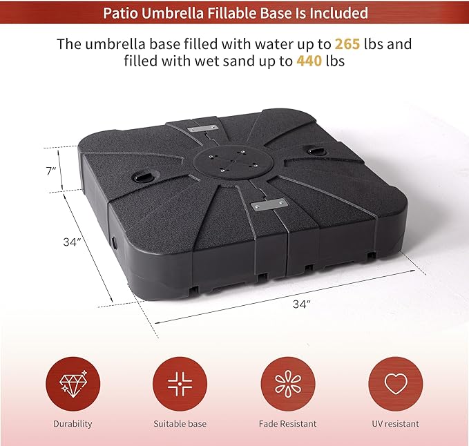 JZAC & QZYD 10X13 FT Outdoor Cantilever Patio Umbrella with Base Included and LED Lights, Large Heavy Duty 2-Tier Aluminum Offset Umbrellas with 360-Degree Rotation for Pool Deck, Red
