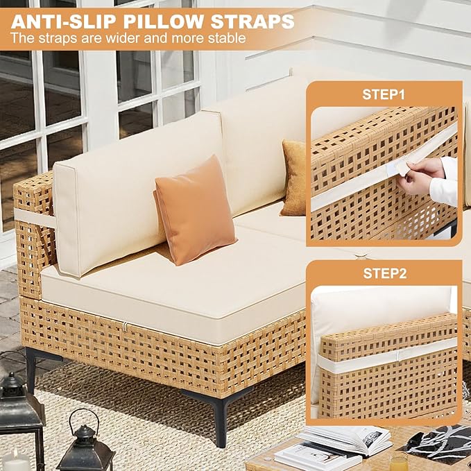 ABCASA Patio Furniture Set, 4-Piece Wicker Outdoor Patio Furniture Sets with Anti-Slip Cushions,Boho Patio Conversation Set Sectional Sofa for Backyard,Porch,Beige