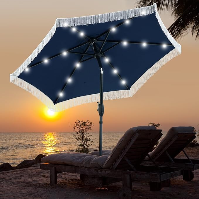 GDY 7.5ft Tassel Patio Umbrella and Matching Base, Outdoor Table Umbrella with 18 LED Lights,Market Umbrella with 6 Sturdy Ribs, with Push Button Tilt and Crank, Dark Blue