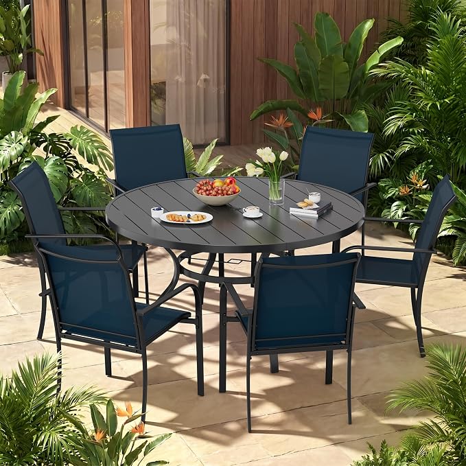 Incbruce 7 PCS Patio Dining Set, Outdoor Dining Set of 6 Textilene Chairs and 53" Round Table with Umbrella Hole for Backyard, Garden, and Poolside (Blue)