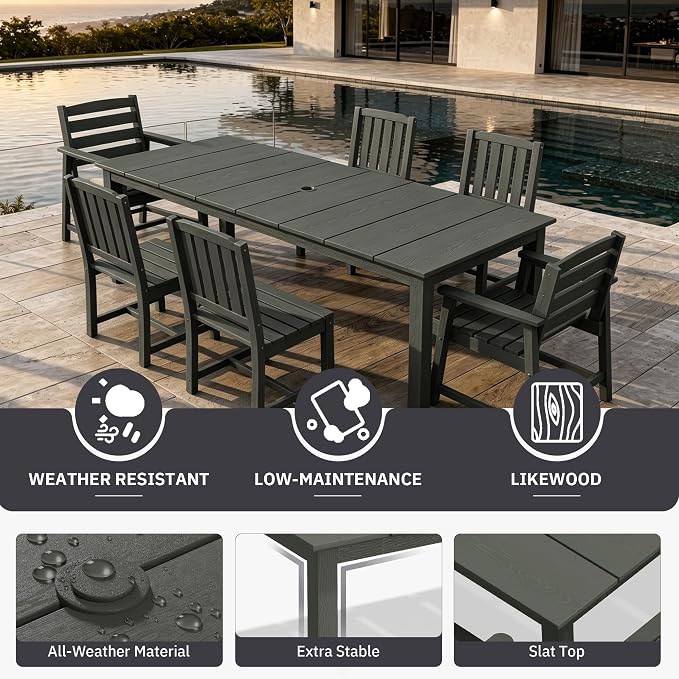 AreShark 7-Piece Outdoor Dining Set,HDPE Patio Table with 6 Armchairs,All-Weather Patio Furniture Set with Umbrella Hole,Low Maintenance Wood Grain Dining Set for Backyard,Garden,Poolside,Black
