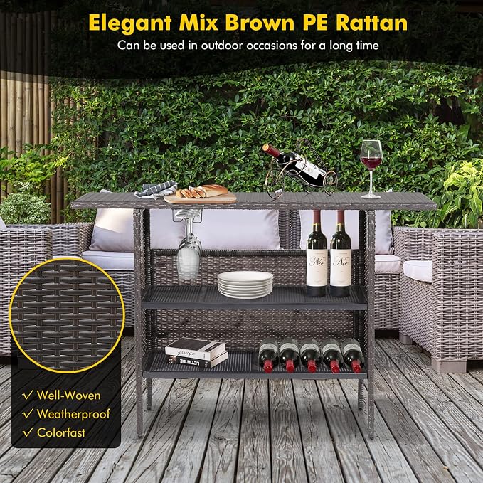 Giantex Outdoor Patio Wicker Bar Table, 2 Storage Shelves, 55''W Tabletop, Rails for Hanging Wine Glasses, Heavy-Duty Metal Frame, Bistro Rattan Bar Counter Table for Poolside Backyard (Mix Brown)