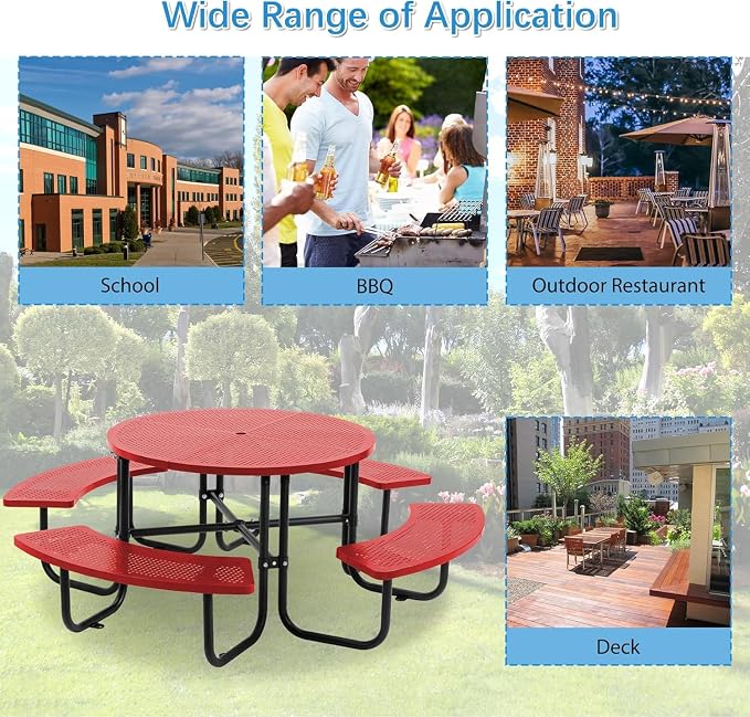 Coated Steel Heavy Duty Picnic Table for Outdoors 3200 lbs Load, Round Camping Table with 1.78" Umbrella Hole, Commercial Picnic Table with Benches, Red