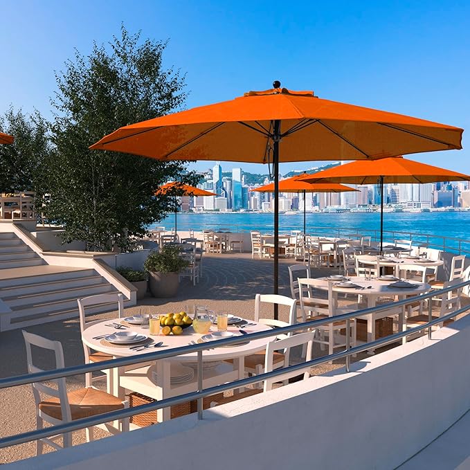 California Umbrella 11Ft Commercial Grade Sunbrella Fabric Market Umbrella, Pulley Lift, Aluminum/Fiberglass, 2mm pole wall, Bronze Frame, Tuscan Fabric