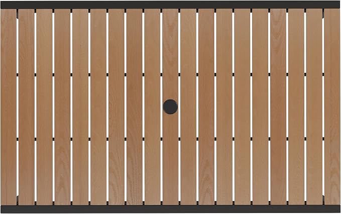 EMMA + OLIVER Outdoor Steel Dining Table with Umbrella Hole - Faux Teak Poly Slatted Top - Black Frame - 30x48 Table Seats up to 4 Adults