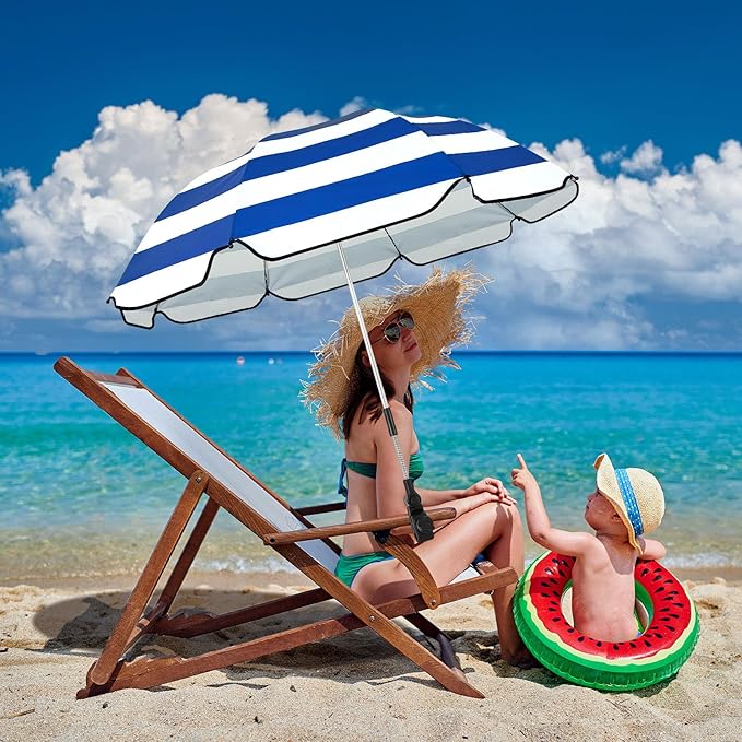 Buryeah 2 Pcs Beach Chair Umbrella Automatic with Universal Adjustable Clamp 44" UPF 50+ Portable Clamp on Beach Chair for Wheelchair Patio Golf Carts Camping