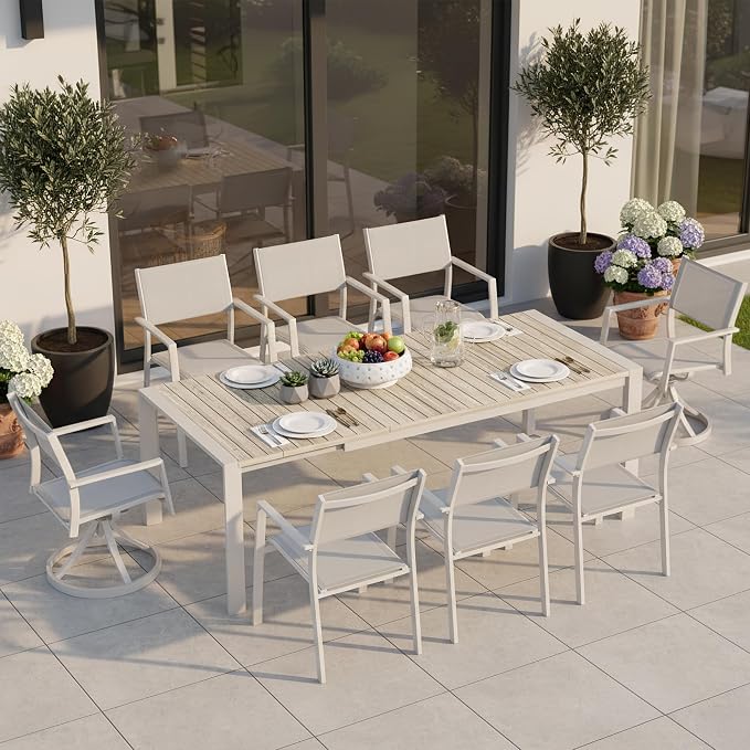 Outdoor Patio Furniture Set 9 Piece, Outdoor Dining Set with Extendable Patio Dining Table, 2 Aluminum Patio Swivel Chairs & 6 Patio Dining Chairs with Armrest for Garden Lawn Deck