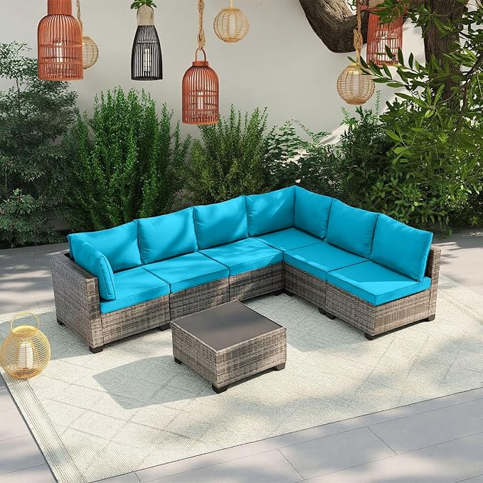 7-Piece Outdoor Patio Furniture Set, Brown PE Rattan Sectional Sofa with Turquoise Cushions and Steel Frame, Coffee Table Included, Modular Outdoor Conversation Set for Patio Garden Poolside