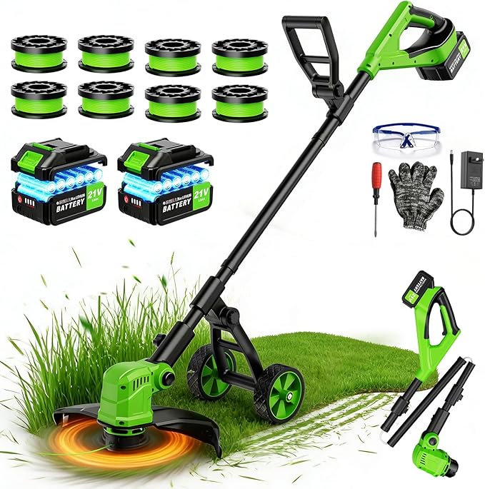 14" Electric String Trimmer Cordless Battery Powered Weed Eater with Wheel, 3-in-1 Cordless Grass Trimmer/Electric Weed Wacker/Edger, Weed Trimmer with 8 Replacement Spools for Garden, Lawn (Green)