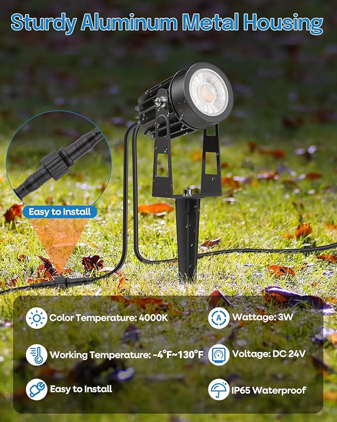 HIBOITEC Low Voltage Landscape Lighting with Transformer Photocell Sensor and Timer Spotlights Kit 52FT ETL Approved Wire Dimmable Waterproof 4000K for House Yard Trees Garden Plants Outdoor 6 Packs