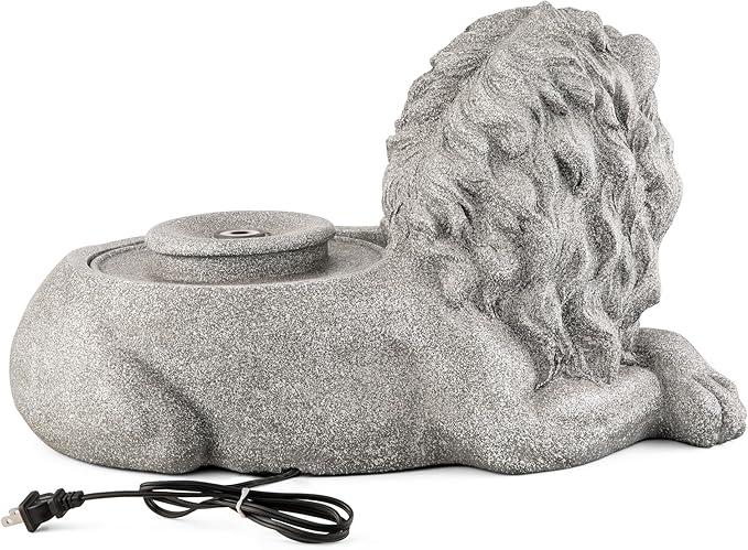 Glitzhome Water Fountain Outdoor, Outdoor Fountain with Lights & Pump, 20" L Zen-Style Lying Lion Polyresin Floor Standing Water Feature for Patio Porch Deck Yard Home Decor
