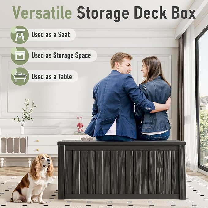KAMABOKO Outdoor Storage Box, 150 Gallon Large Outdoor Resin Deck Box, Storage Waterproof Boxes Lockable Lid for Garden Tools, Pool Supplies, Patio Furniture and Cushions, Black