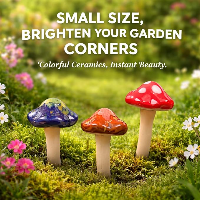 5 Pcs Ceramic Mushrooms for Garden Decor, Outdoor Fairy Garden, Yard | 4.7" Tall Pottery Mushroom Statues, Colorful Outside Ornaments for Lawn, Patio, Indoor Plant Flower Pots