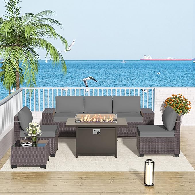 Patio Furniture Set 7 Pieces Outdoor Furniture Patio Conversation Set w/43in Aluminum Gas Fire Pit,PE Rattan Wicker 7 Pcs Outdoor Sofa Set w/55000 BTU Propane Fire Pit Table,Grey