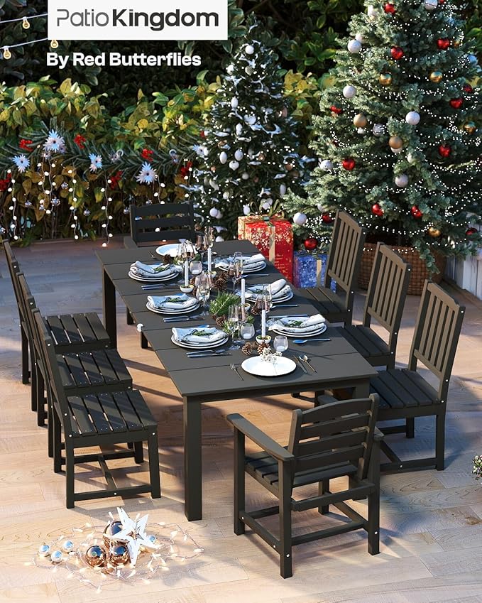9-Piece Outdoor Dining Set for 8, 75.2'' HDPE Table with Umbrella Hole & Chairs, Weather-Resistant Patio Furniture for Lawn, Yard, Balcony, Deck (Black)