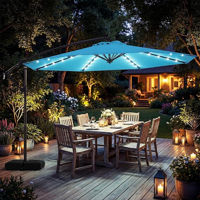 Tangkula 10ft Solar Patio Umbrella with Base Included, Offset Cantilever Outdoor Umbrella with 32 LED Lights, 360 Degree Rotation, Crank Handle for Pool Deck Garden Backyard (Turquoise)