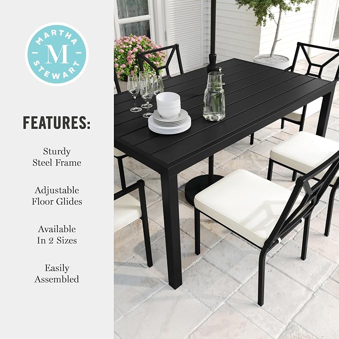 Martha Stewart Lily Pond 60" All-Weather Patio Table with Slatted Tabletop, Umbrella Hole, and Steel Frame in Black