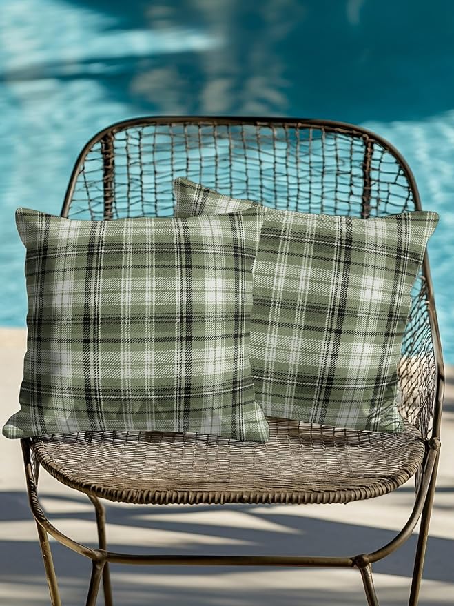 Waterproof Outdoor Pillow Set of 2 Green Checked Plaid Decorative Throw Pillows Cover & Insert 18x18 Inch Pillowcase Stripes Woven Grid Square Pillows for Couch Sofa Bed Patio Furniture Indoor Outdoor