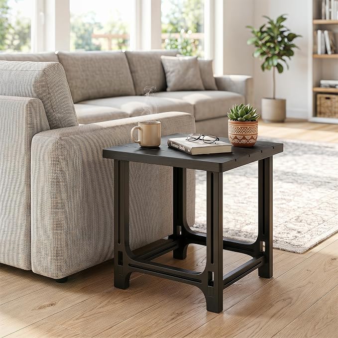 Tangkula Outdoor Adirondack Side Table, 18" Heavy Duty HDPE Patio End Table with Slatted Surface, 0-Screw Assembly, Easy Maintenance, Small Outdoor Side Table for Porch, Pool, Garden, Deck (Black,1)