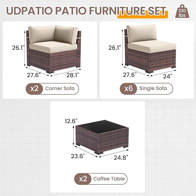 UDPATIO Patio Furniture Set, Modular Outdoor Sectional with 105°Slanted Back, 10 Pieces Rattan Conversation Set for Poolside, Backyard, Deck, with Coffee Table, Waterproof Cover,Khaki