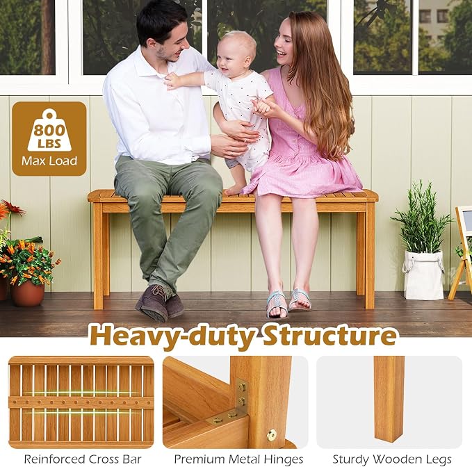 HAPPYGRILL 3 Pieces Acacia Wood Outdoor Dining Set for 4 People, Patio Table & Bench Set with Umbrella Hole, Outside Picnic Furniture