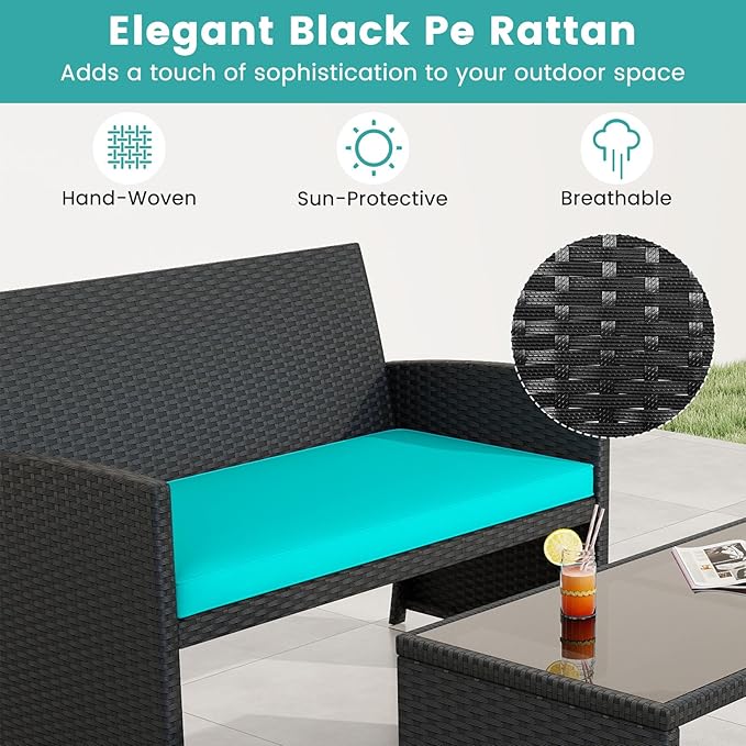 Tangkula 8 Pieces Patio Wicker Furniture Set, Outdoor Heavy Duty Rattan Cushioned Chairs, Loveseat and Tempered Glass Coffee Table, for Backyard, Balcony, Poolside (Turquoised,2)