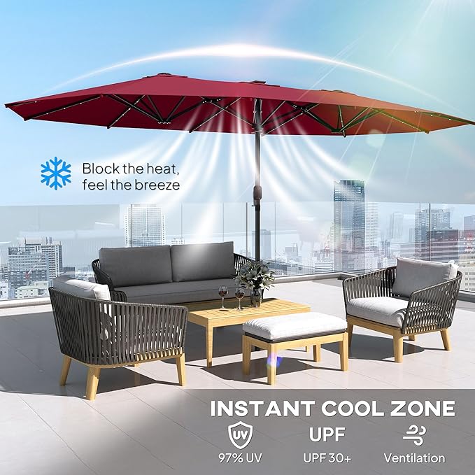 Outsunny 14.8ft Double Umbrella, Large Outdoor Patio Sun Shade with LED Solar Light for Garden