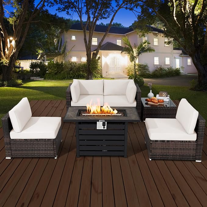 Tangkula 6-Piece Patio Furniture Set with 42 Inches Propane Fire Pit Table, Outdoor Wicker Conversation Set with Cushions and Tempered Glass Coffee Table, 50,000 BTU Gas Fire Pit Table (Off White)