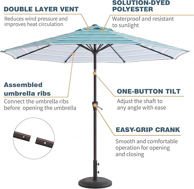 10FT Patio Umbrella, Outdoor Umbrella with Push Button Tilt and Crank, 8 Sturdy Ribs, UV Protection & Waterproof Market Umbrella for Pool, Backyard, Beach,Deck (Blue Green Stripes)