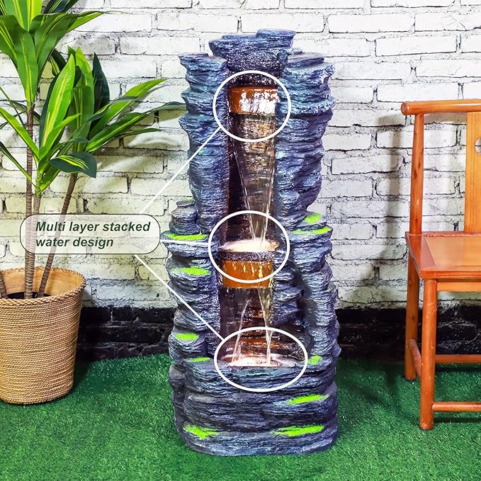 Outdoor Decorative Garden Fountain with LED Lights,Featuring a 39.37-Inch Cascading Garden Waterfall Scenery