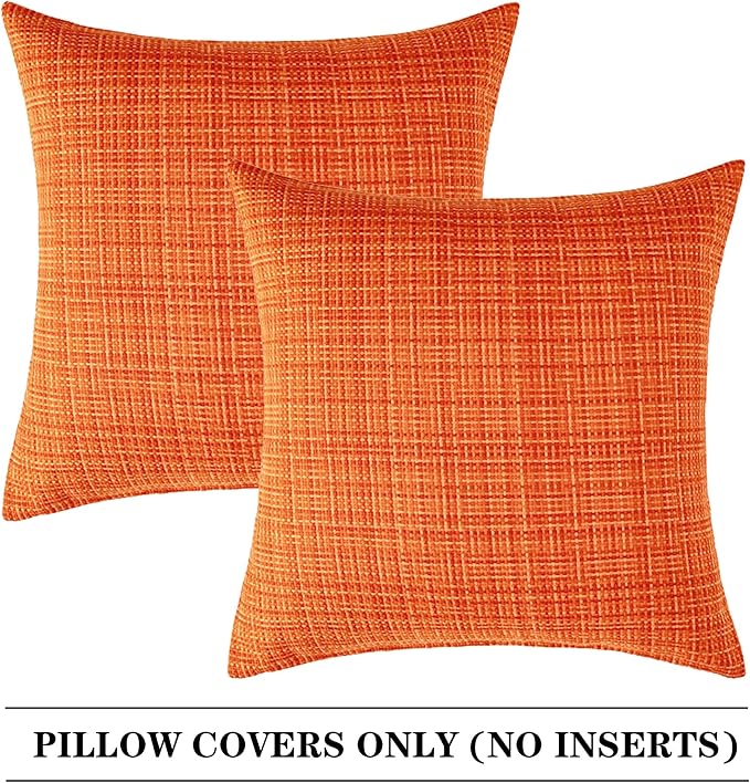 Kevin Textile Outdoor Waterproof 24x24 Inch Pillow Covers 2 Pack, Orange | Water Resistant, Faux Linen Yarn-dyed, Woven Texture Euro Throw Pillow Covers for Tent Patio Garden Couch Sofa