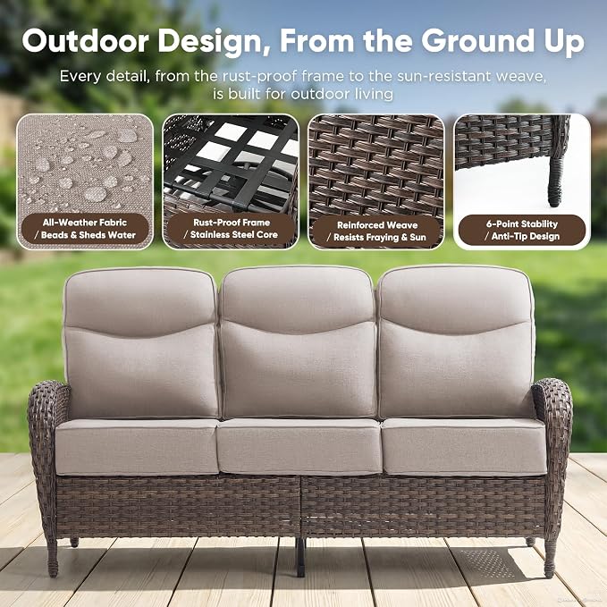 8-Piece Patio Furniture Set with Upgraded 6" Thick Cushion - High Back Outdoor Swivel Rocker Chairs with 3-Seater Sofa, Coffee Table,Wicker Outdoor Conversation Set for Deck, Porch, Yard, Poolside